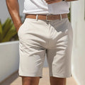 Men's light grey straight-leg business suit shorts made from polyester fabric.