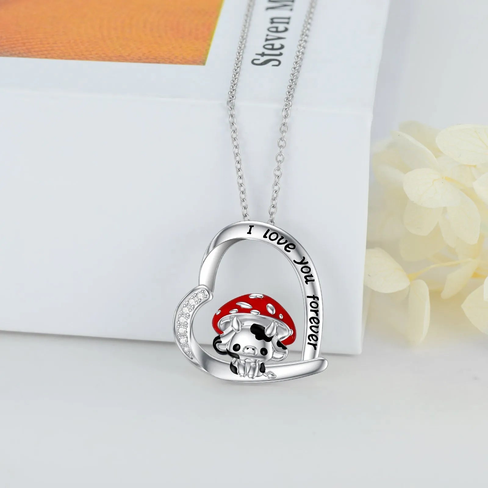 925 sterling silver cow necklace with mushroom hat pendant on love heart, silver, 18-inch cable chain