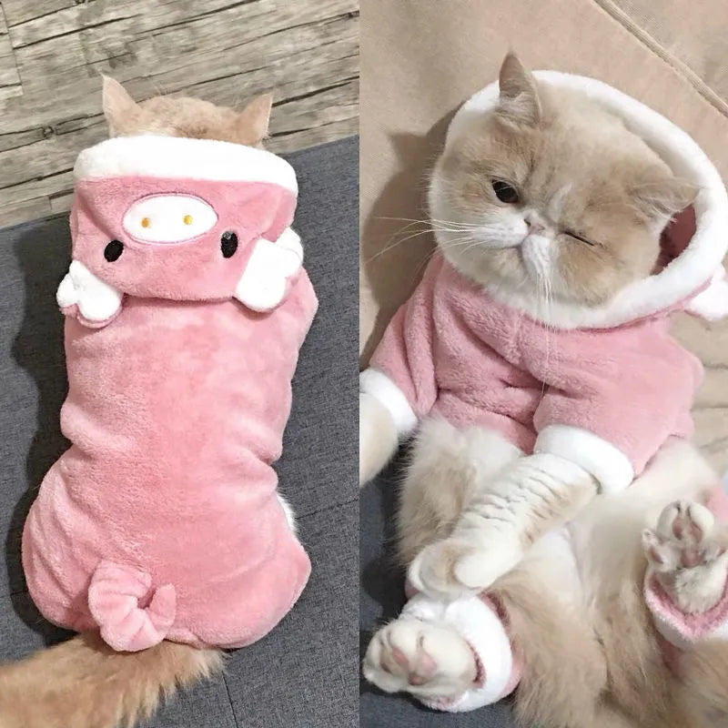 Blue cat British Shorthair wearing four-legged coral fleece pet clothing in cartoon style