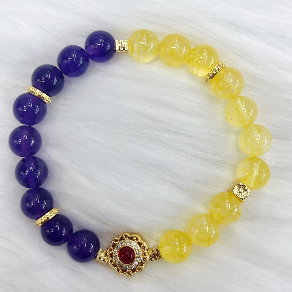 Handmade yellow and purple crystal amethyst bracelet for women showing artisan craftsmanship