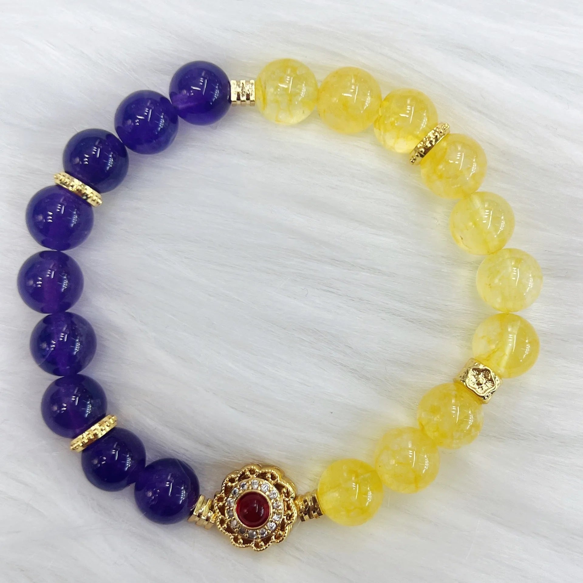 Handmade yellow and purple crystal amethyst bracelet for women showing artisan craftsmanship