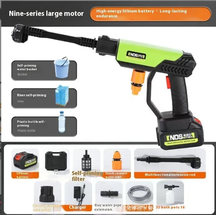 Green wireless high pressure water gun with multiple nozzle attachments on a table