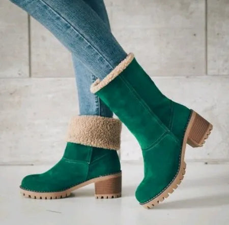 Women's mid-calf suede snow boots in various colours with a thick flat heel and round toe.