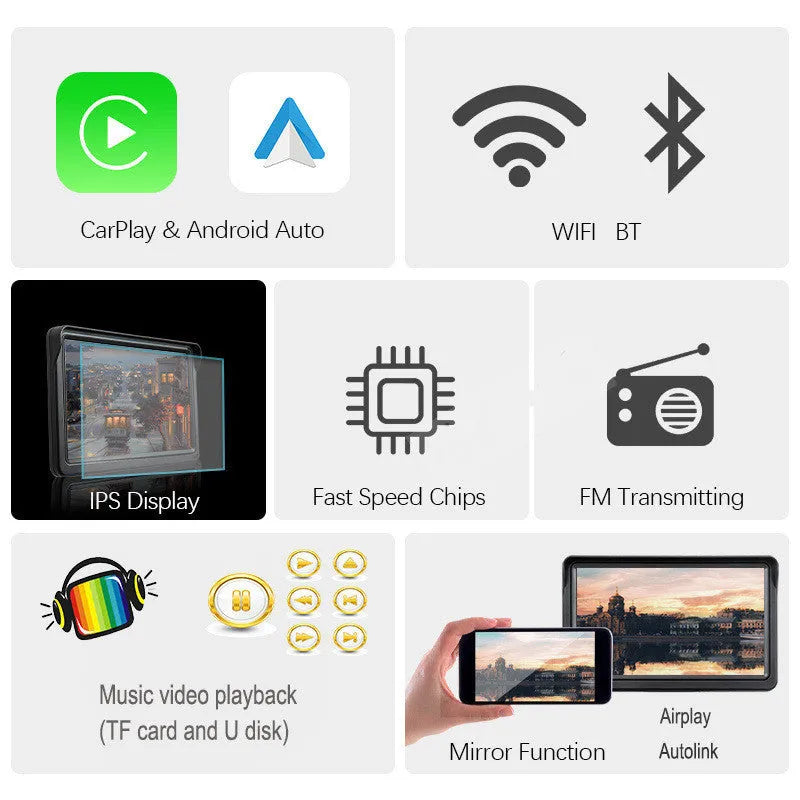 7-inch portable car smart display screen with retractable bracket mount for wireless Carplay projection