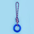 Blue braided rope dog toy with four puppy knots, measuring 43cm long