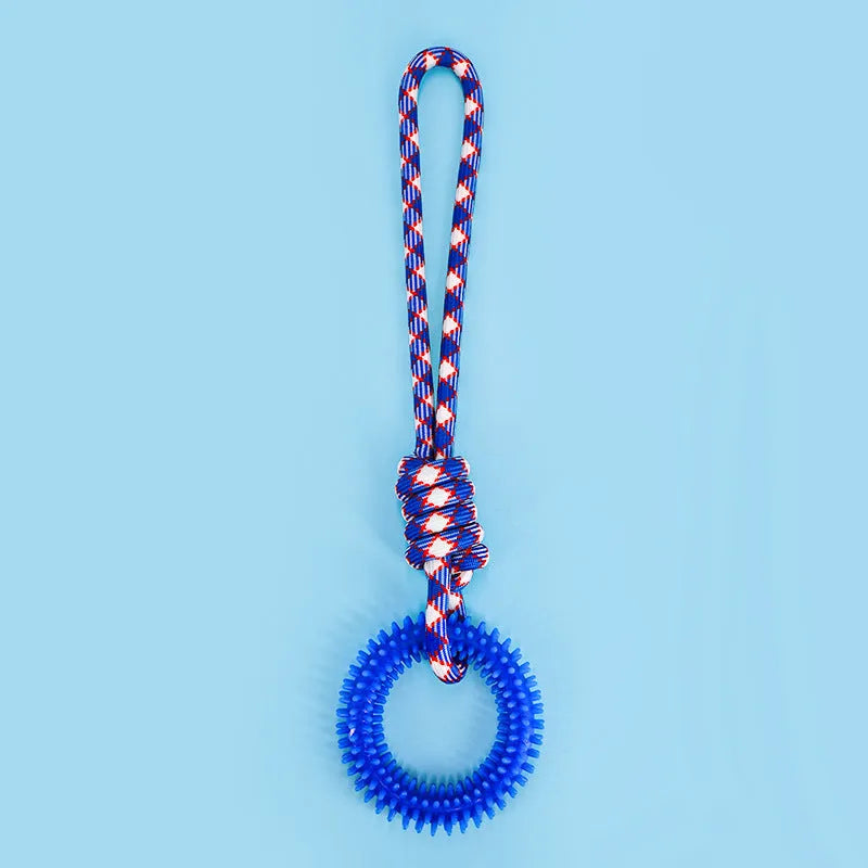 Blue braided rope dog toy with four puppy knots, measuring 43cm long