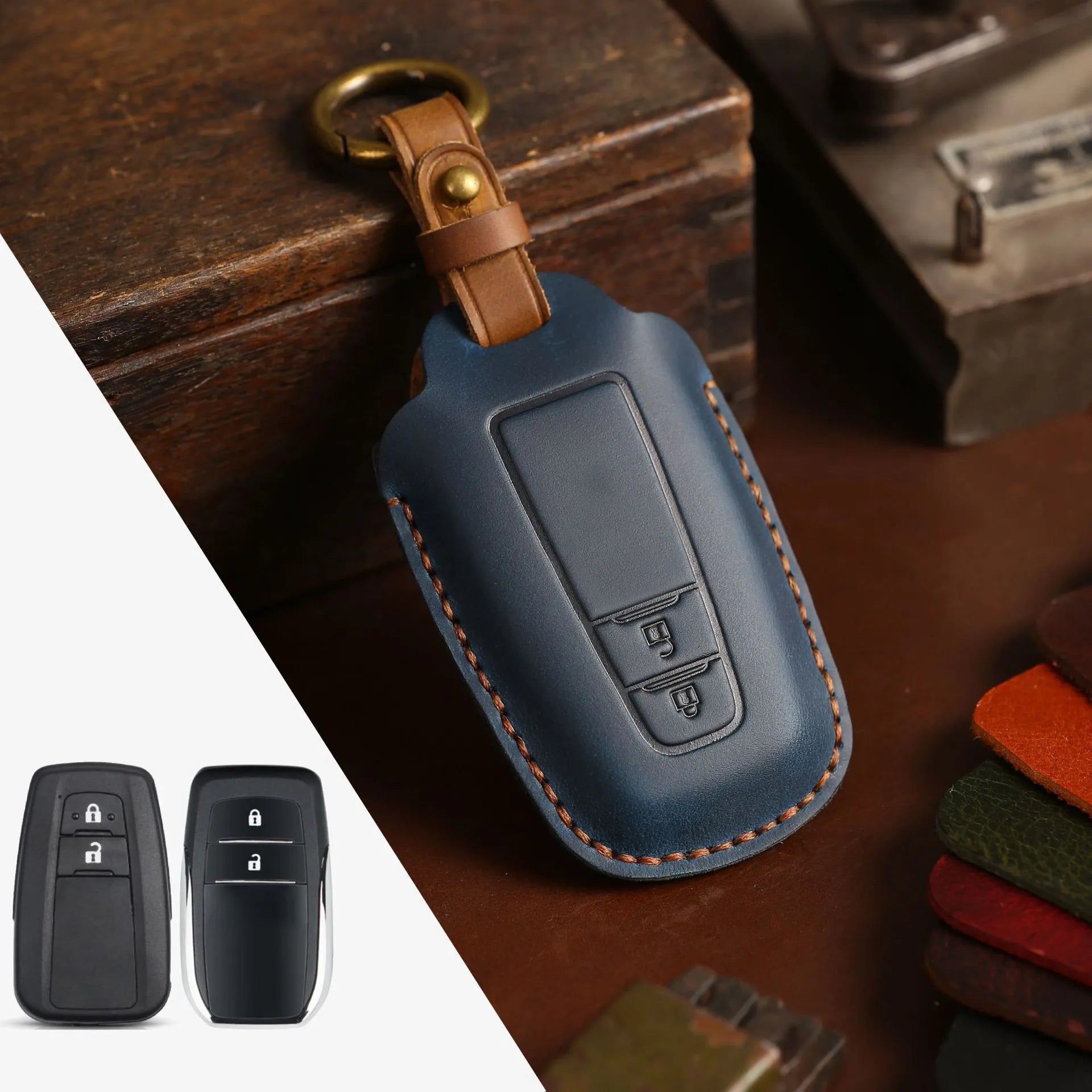 Crazy horse leather car key case in brown for 3 keys with stitched slots