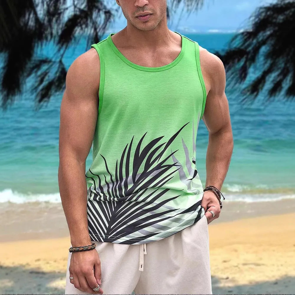 Men's solid colour polyester sleeveless vest or tank top on a hanger.