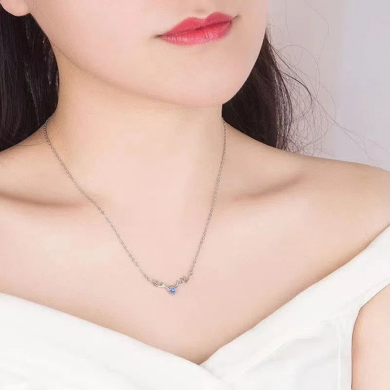 Women's copper deer pendant necklace with blue stone option on O-link chain, light luxury Korean style