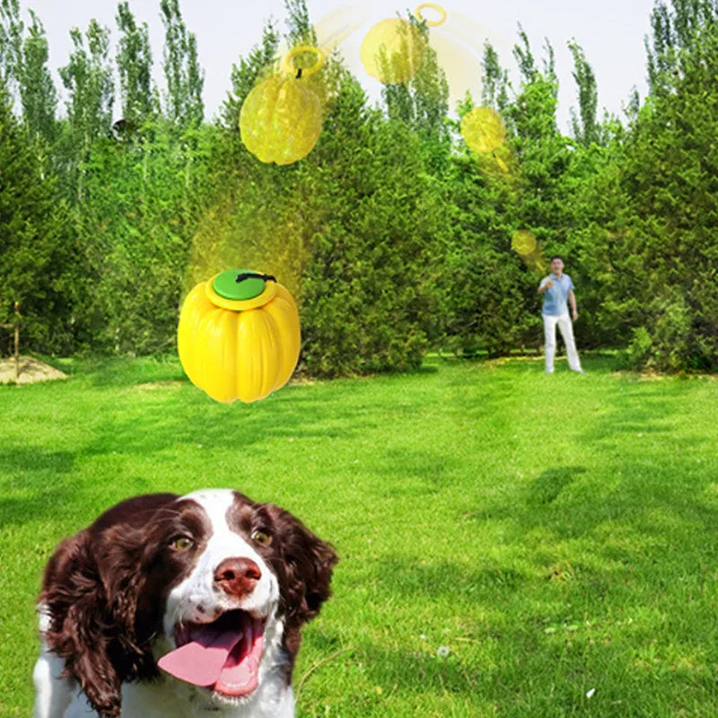 Green plastic squeaky pumpkin dog chew ball toy for small dogs measuring 68mm
