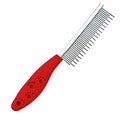 Red plastic-handled pet comb with both short and long stainless steel pin teeth for detangling fur.