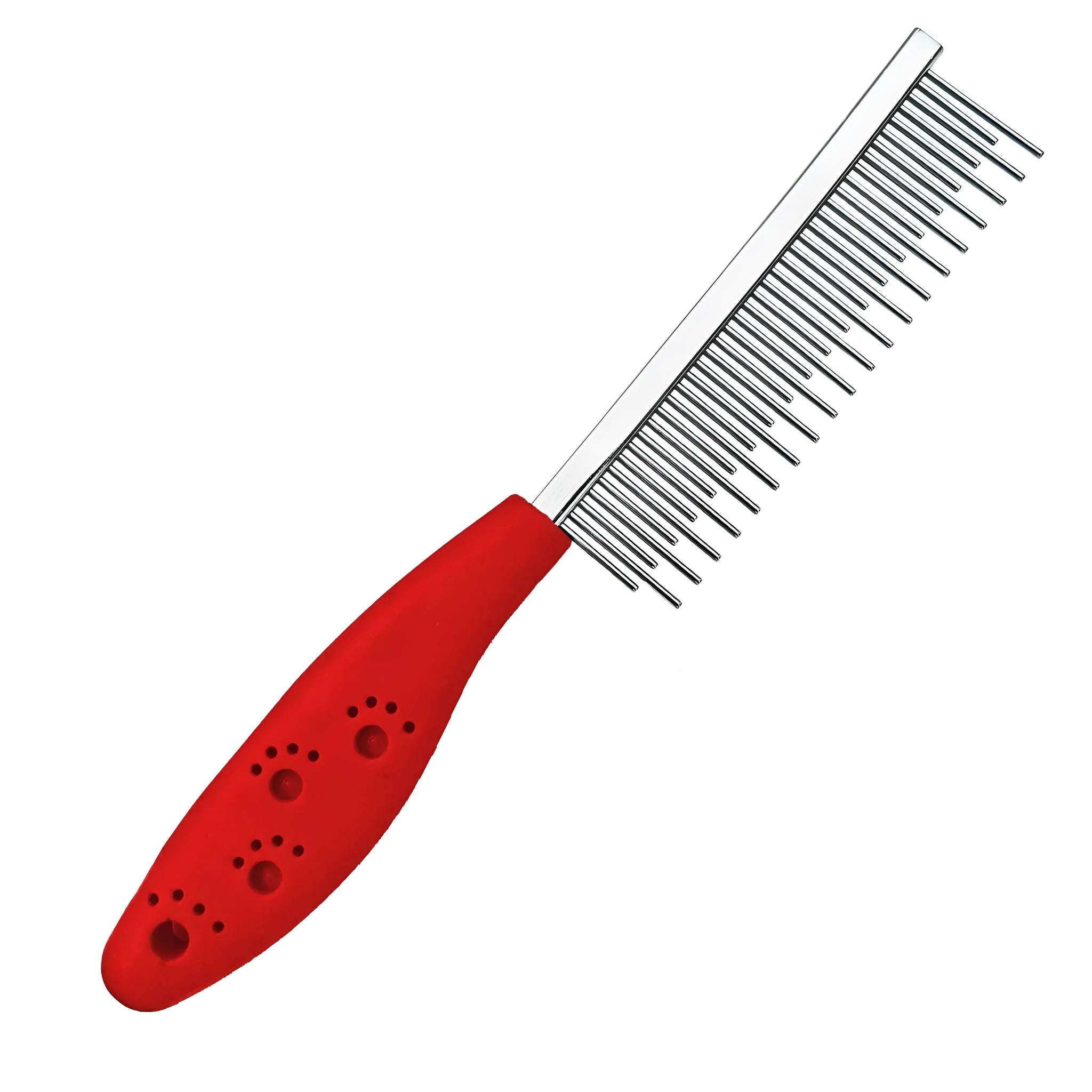 Red plastic-handled pet comb with both short and long stainless steel pin teeth for detangling fur.