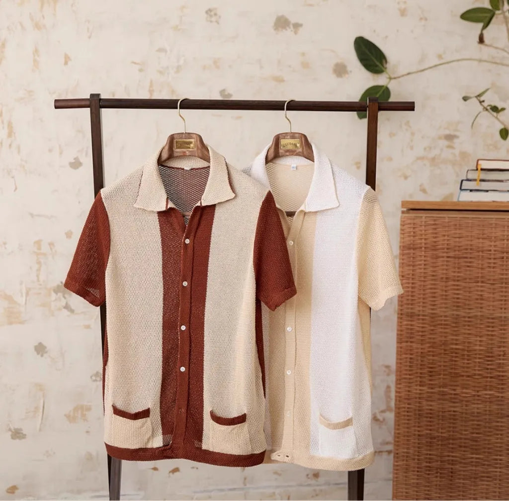 Hollow cotton linen lapel short sleeve cardigan knitted top in beige and chocolate colours on white background