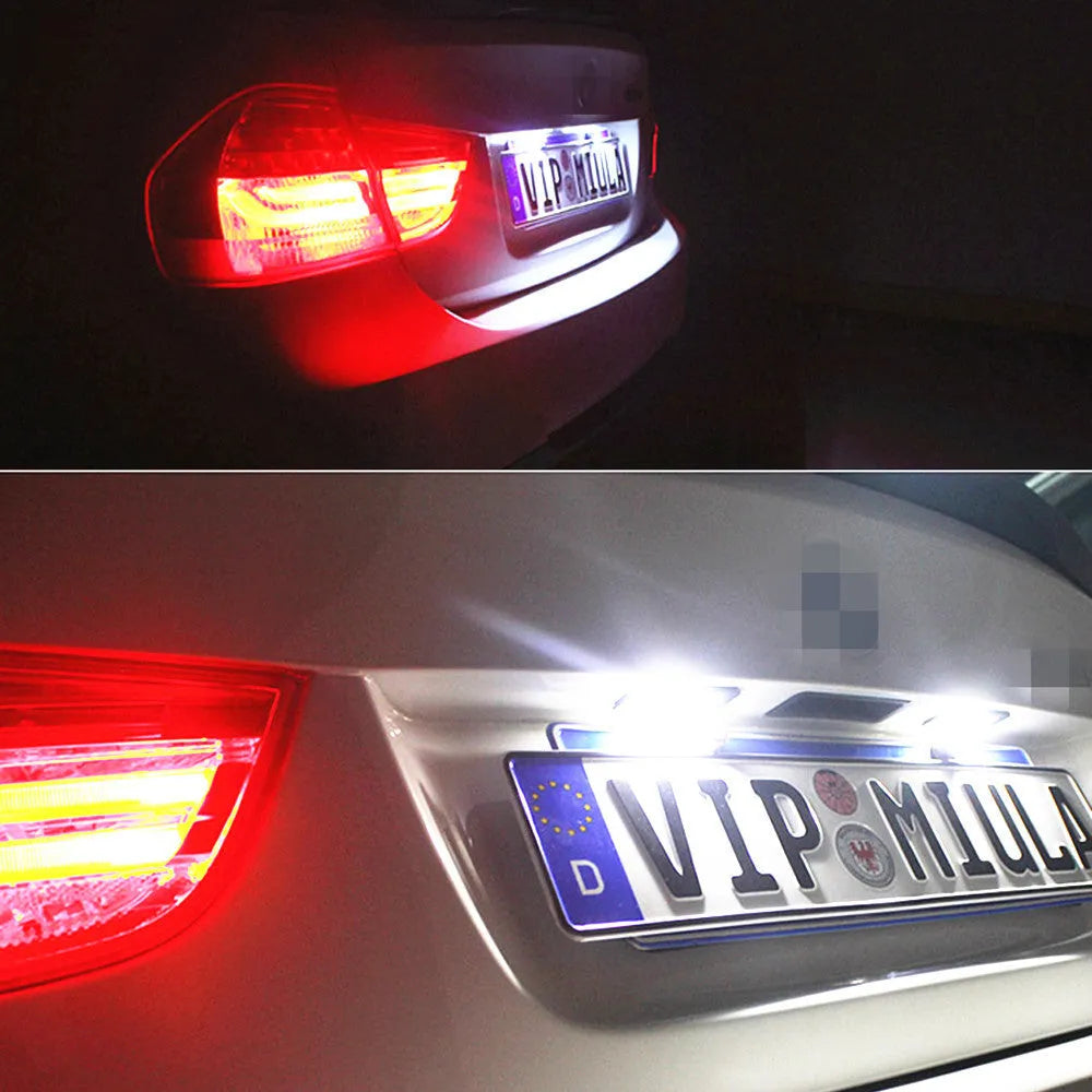 Two Volkswagen LED licence plate light units with 24 SMD LEDs, for Golf Polo Phaeton models.