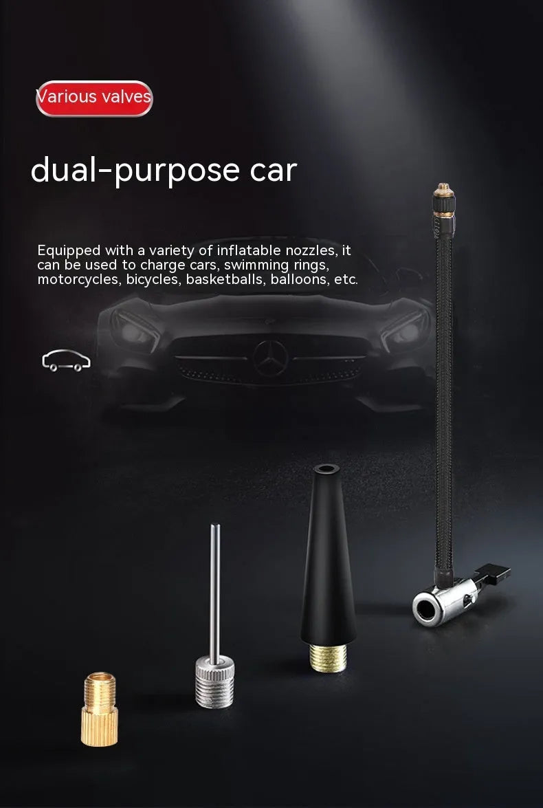 Red and black portable car air pump with digital display, power cable, and set of inflation nozzles.