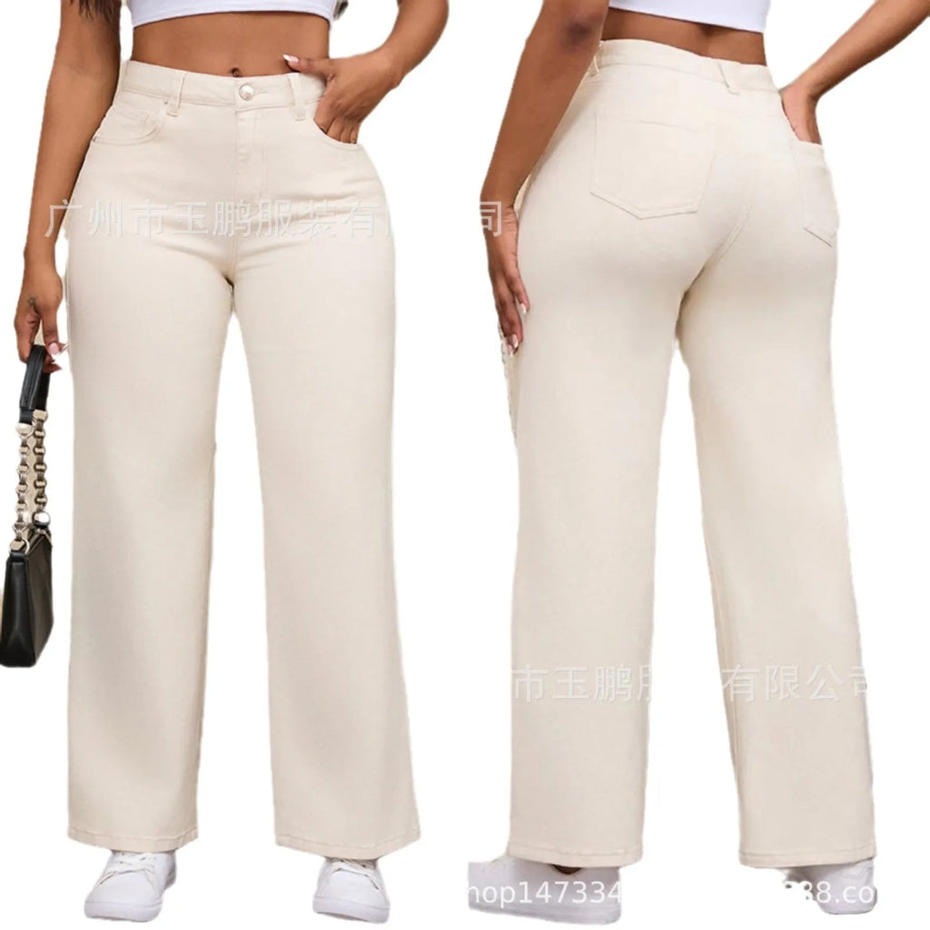 Women's apricot wide leg straight jeans with high waist on a hanger