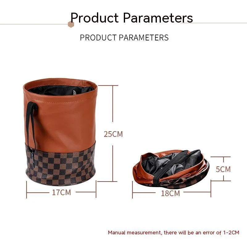 Brown leather retractable car rubbish bin with handle in expanded position
