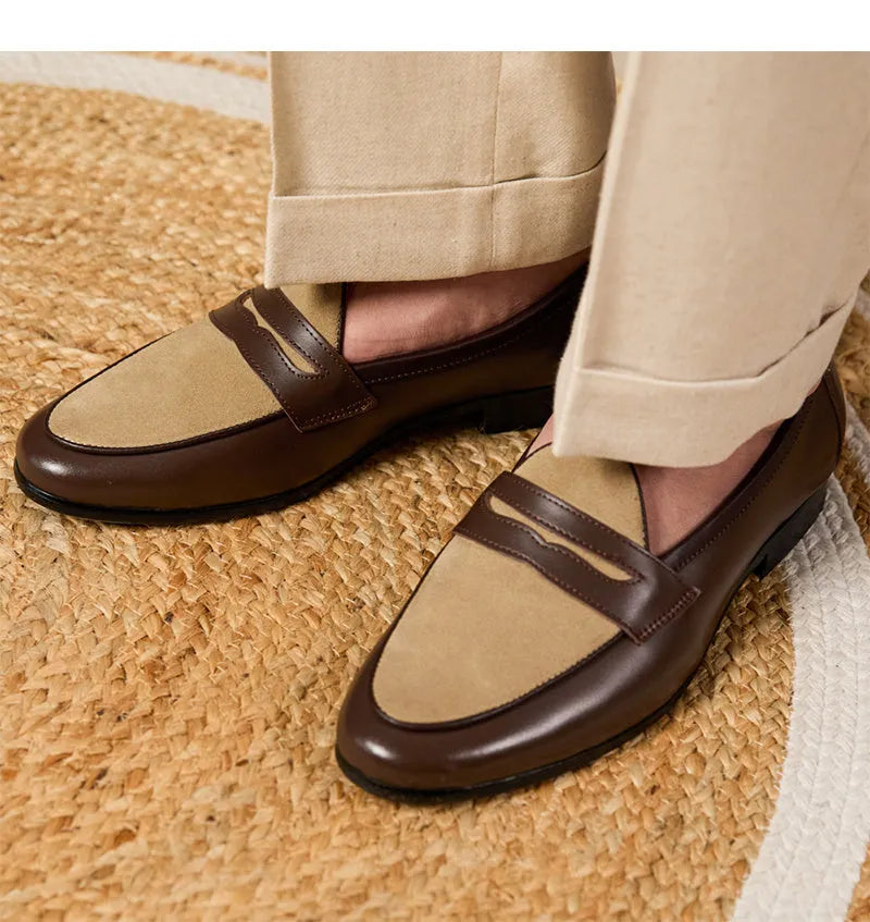 Coffee grey suede leather British-style slip-on loafers with rubber sole