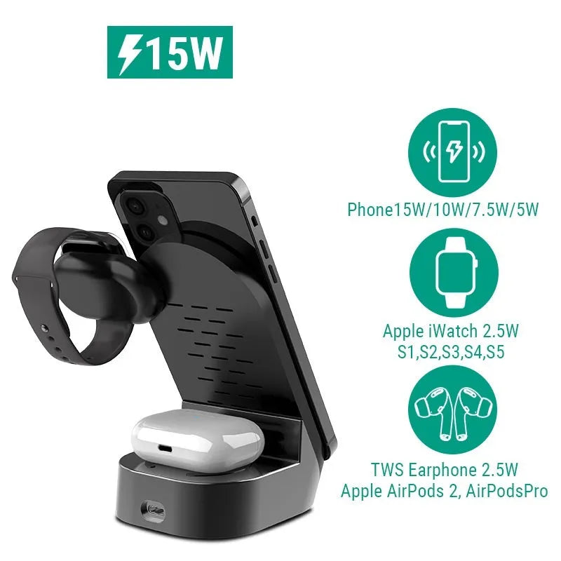 Black grey foldable 3-in-1 wireless charging vertical stand showing phone, watch and headphones charging simultaneously