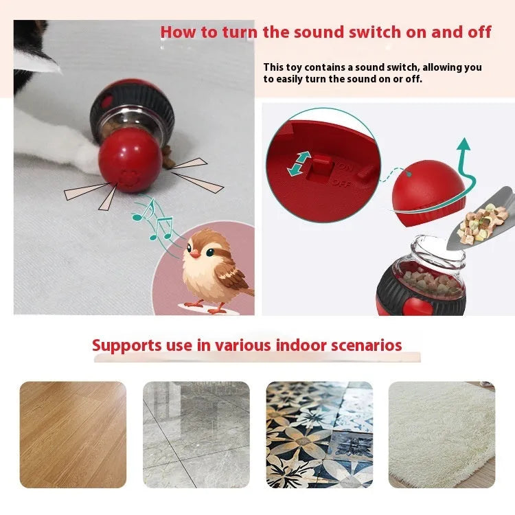 Rotating plastic cat toy with food-dropping mechanism and sound element in super ball colour