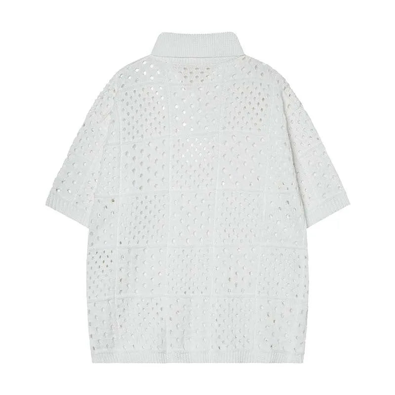 Men's solid colour short-sleeved polo shirt with a hollow knit texture, shown in black and white.