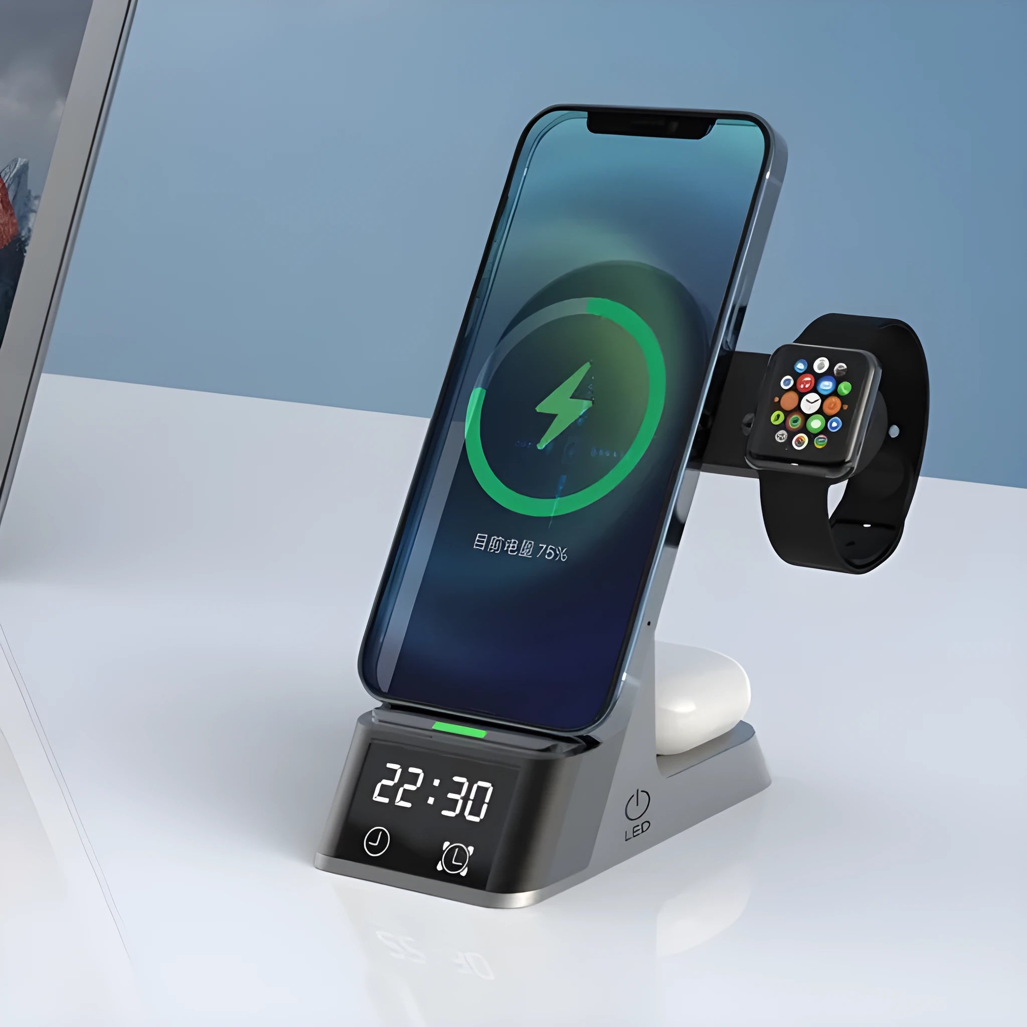 Black multifunctional wireless charging alarm clock with digital LED display and multiple charging ports