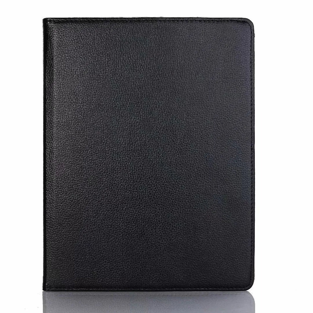 iPad rotating protective sleeve in imitation leather clamshell design showing rotation function and solid colour options
