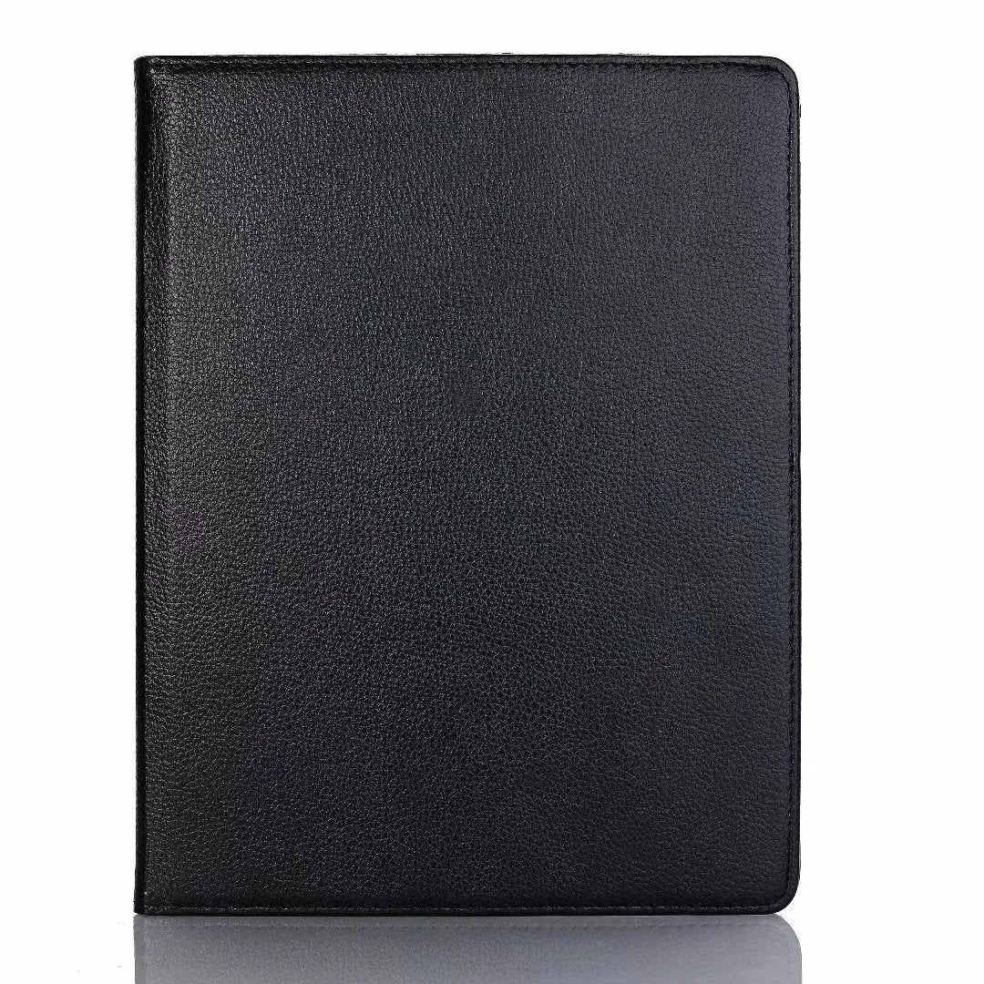 iPad rotating protective sleeve in imitation leather clamshell design showing rotation function and solid colour options
