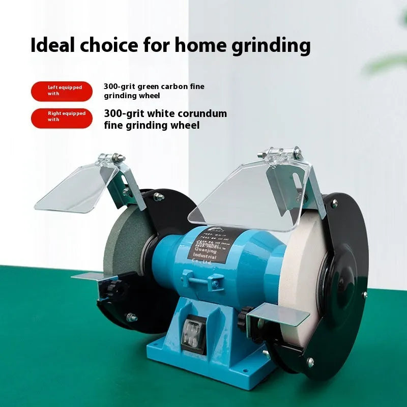 Compact 5-inch metal desktop polishing machine with a grinding wheel for sharpening knives.