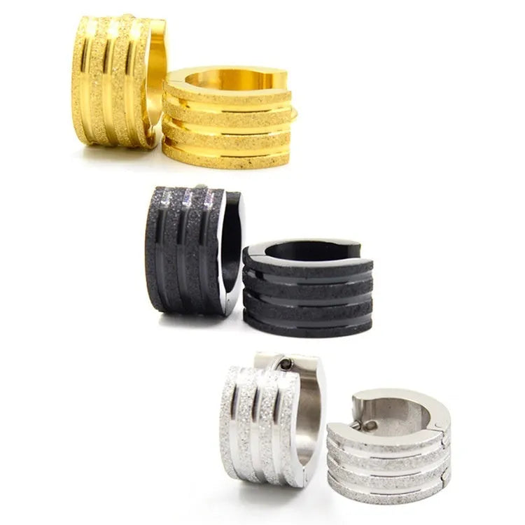 Geometric three-line frosted titanium steel earrings in steel, black, or gold colour options