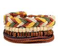Hand-woven leather bracelet with wooden beads and adjustable punk design