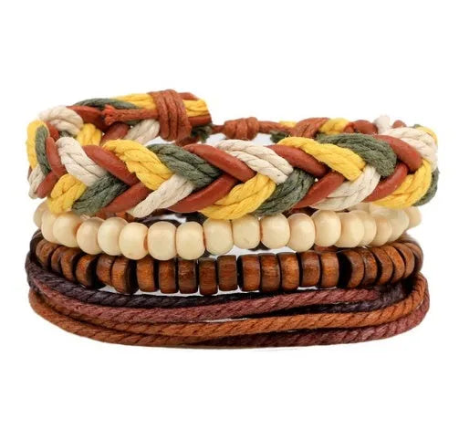 Hand-woven leather bracelet with wooden beads and adjustable punk design