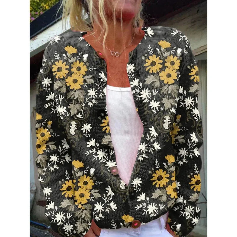 Digital printing cardigan knitted coat in yellow with 3D effect pattern, front view