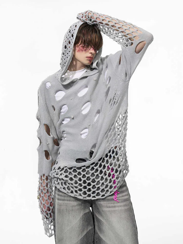 Black men's loose hoodie with pearl decoration on the hood, shown as a thin spring sweater.
