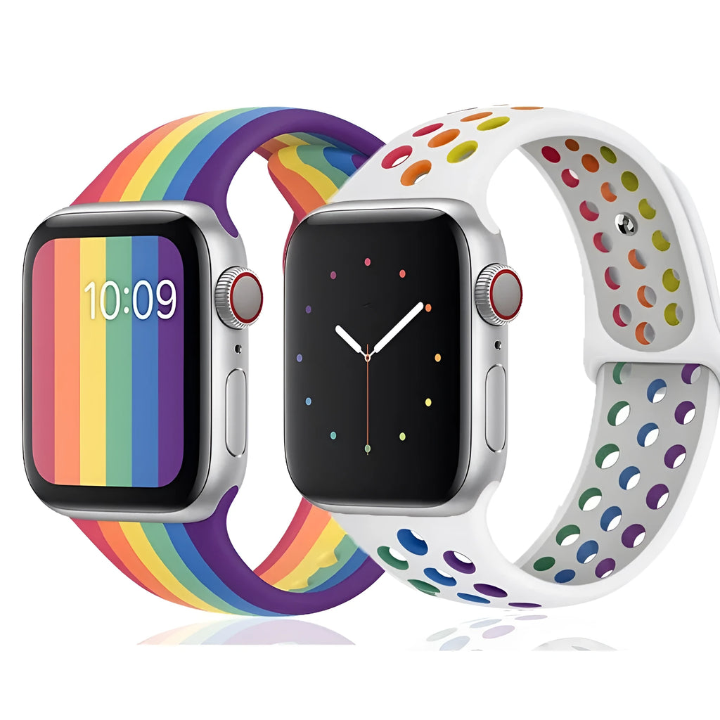 Silicone sports wristband with single buckle strap in black rainbow or white colour