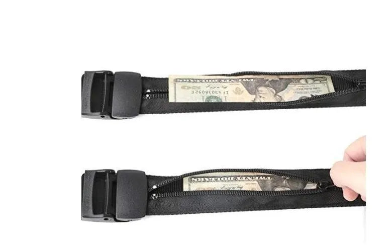 Travel security money belt with plastic buckle, 125cm long and 3.8cm wide, shown flat against a neutral background