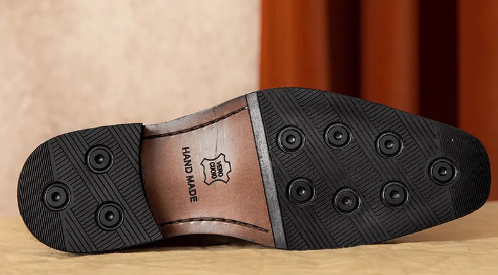 Men's black genuine leather slip-on loafers with rubber sole and British style design