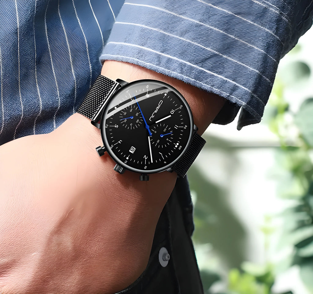 Men's sports watch with multifunction six-hand chronograph and IP blue plated stainless steel strap