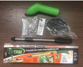 Cordless handheld zip trimmer with extension pole and debris shield on grass
