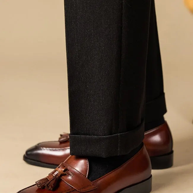 Men's black genuine leather tassel loafers with rubber sole for business casual wear