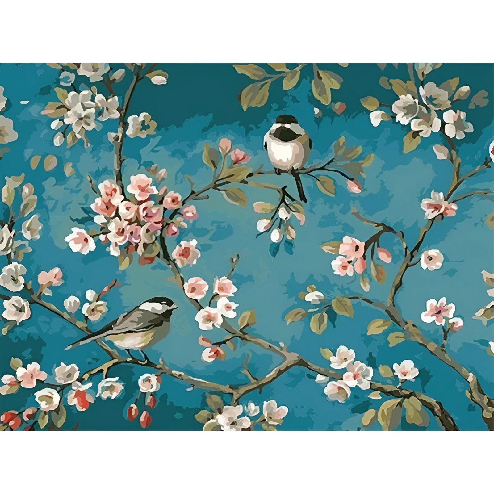 DIY digital oil painting kit with blue flowers and birds on linen canvas, 40x50cm, no frame