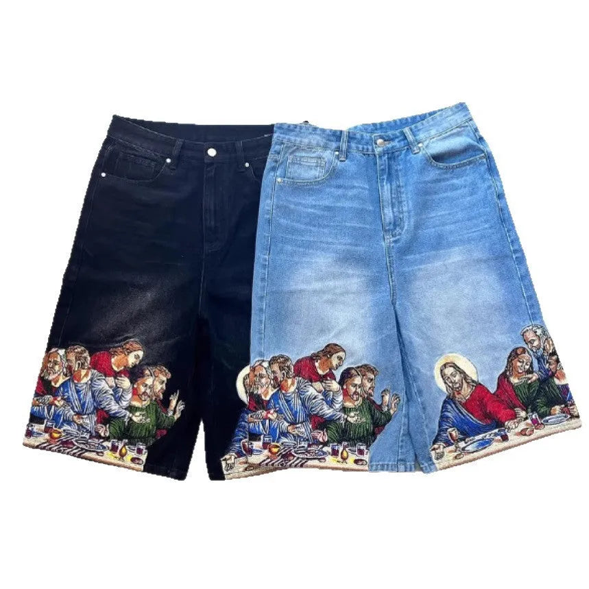Men's blue cotton shorts with a printed design on the back pocket, showing tapered leg fit.