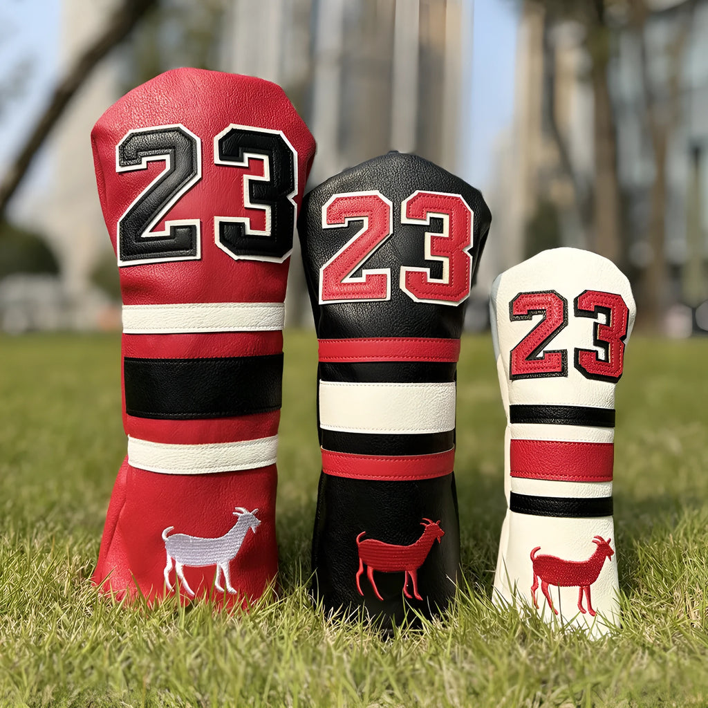 Set of PU golf club head covers in various colours including red, black, white, and yellow sleeves for woods and a square putter