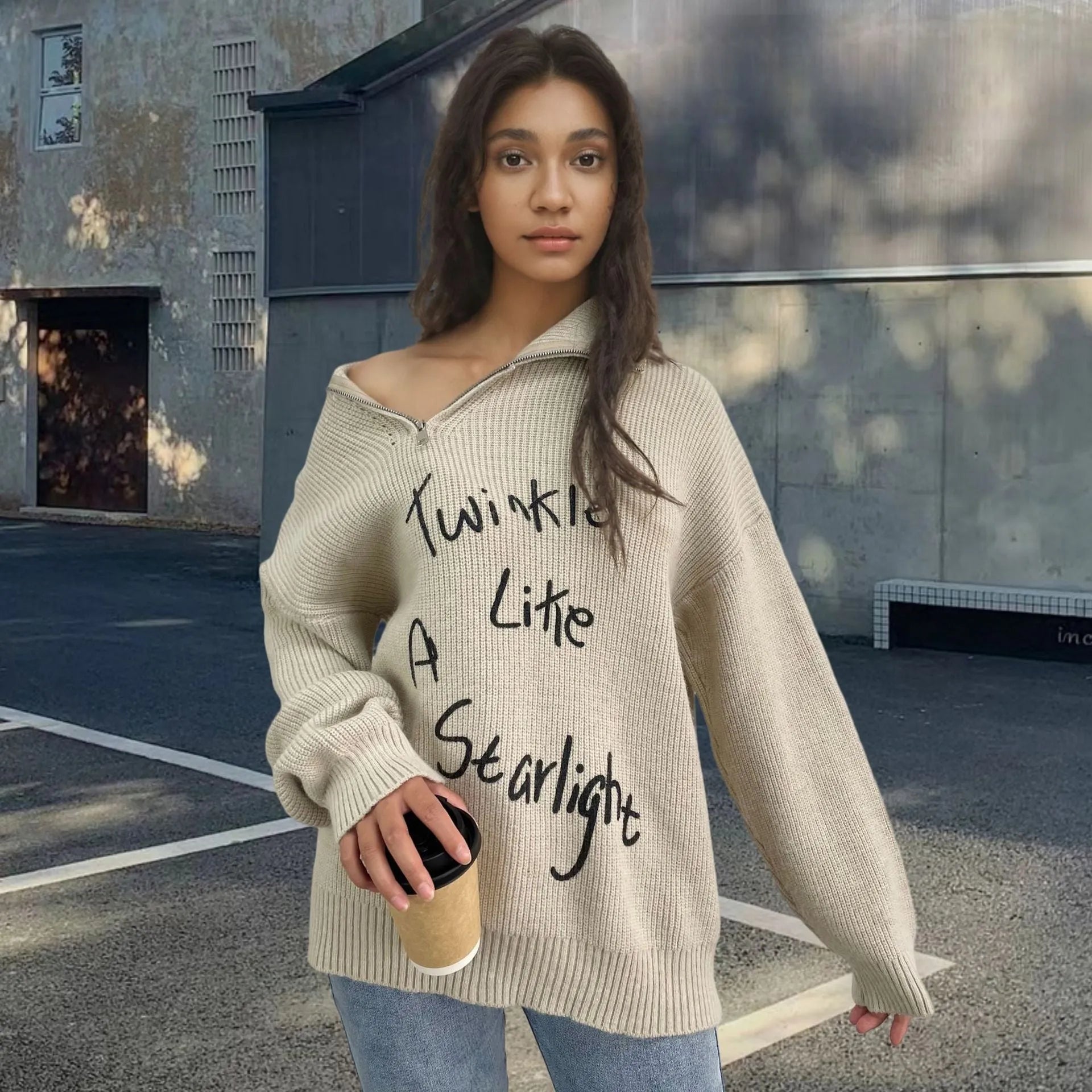 Women's retro loose lapels pullover sweater with oblique zipper in alpaca wool fleece