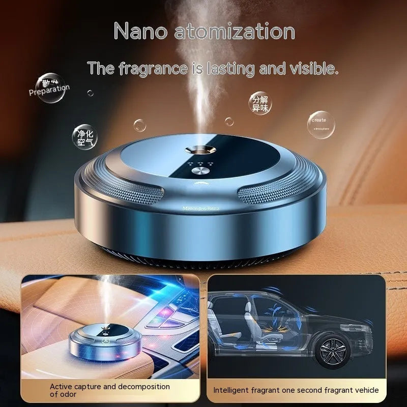 Automatic car air freshener diffuser with zinc alloy shell and three fragrance bottles.