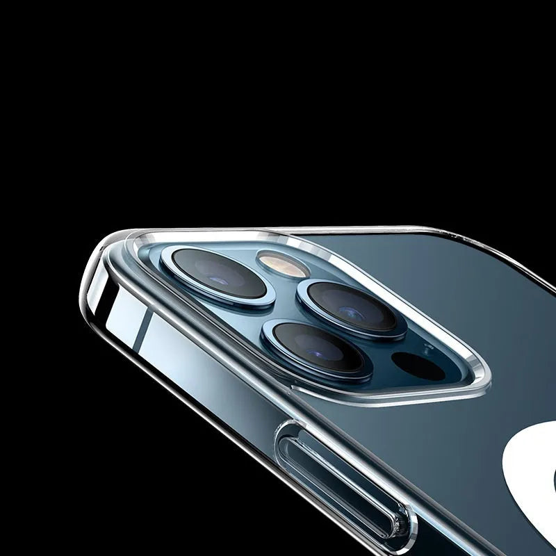 Transparent magnetic back cover phone case for iPhone showing clear PC construction and magnetic feature