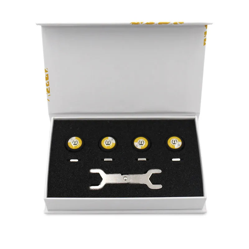 Black wireless Bluetooth car tyre pressure sensor with IP67 waterproof housing on tyre valve