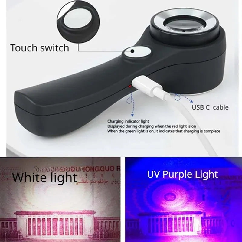 Black and silver jewelry tobacco alcohol appraisal magnifying glass with optical glass lens and USB C cable