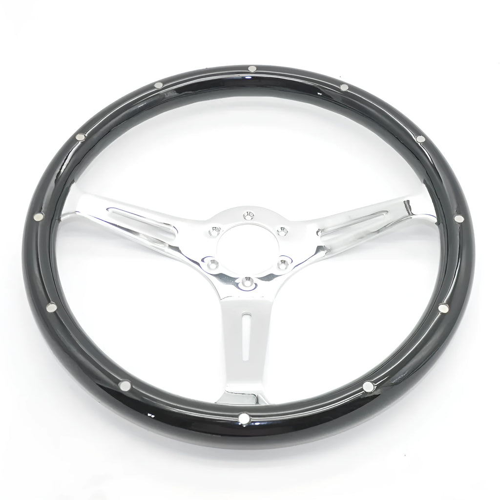 Black peach wood car steering wheel with electroplated finish, 15-inch diameter and 6-hole mount.
