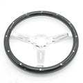 Black peach wood car steering wheel with electroplated finish, 15-inch diameter and 6-hole mount.